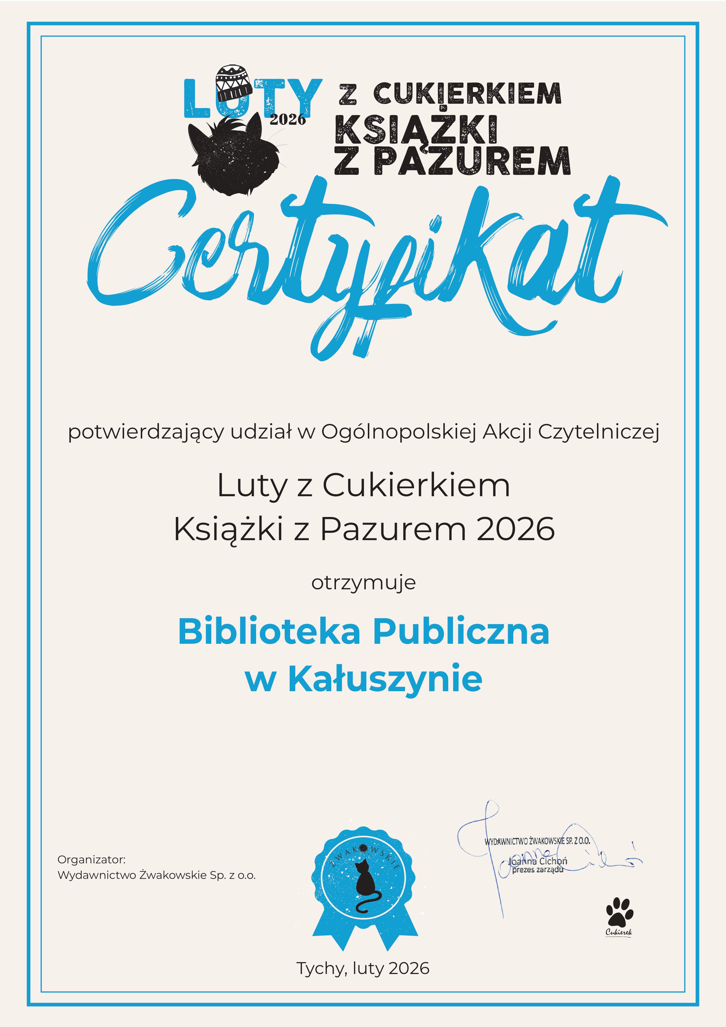 certyfikat za udział w akcji czytelniczej